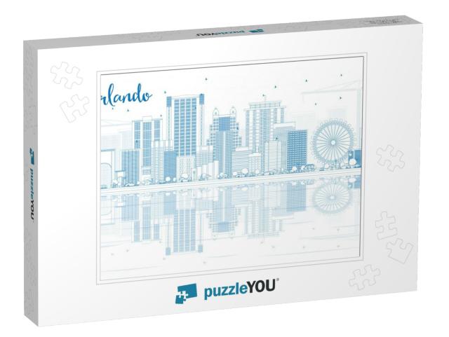 Outline Orlando Skyline with Blue Buildings & Reflections... Jigsaw Puzzle