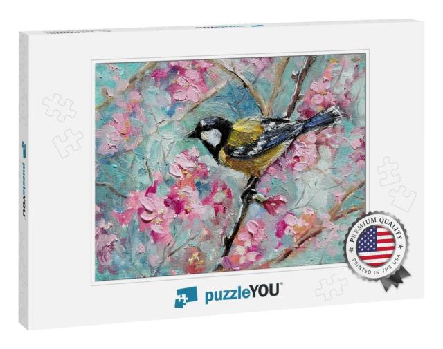 Titmouse in the Spring Blooming Cherry Orchard. Spring Fl... Jigsaw Puzzle