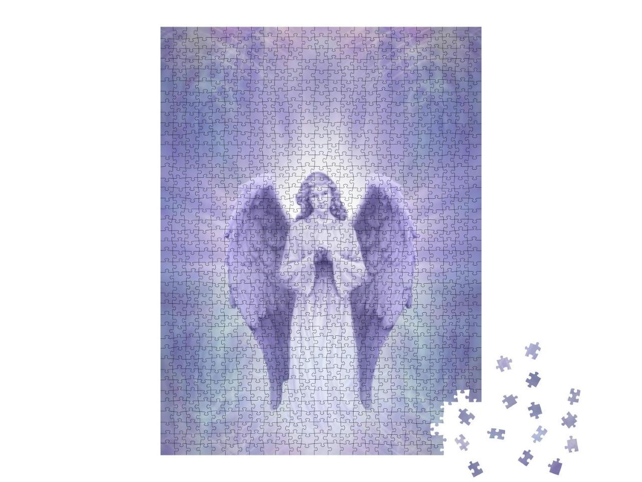 Guardian Angel on Ethereal Lilac Blue Background - Prayin... Jigsaw Puzzle with 1000 pieces