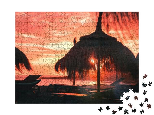 Straw Beach Umbrella At Coral Sunset... Jigsaw Puzzle with 1000 pieces
