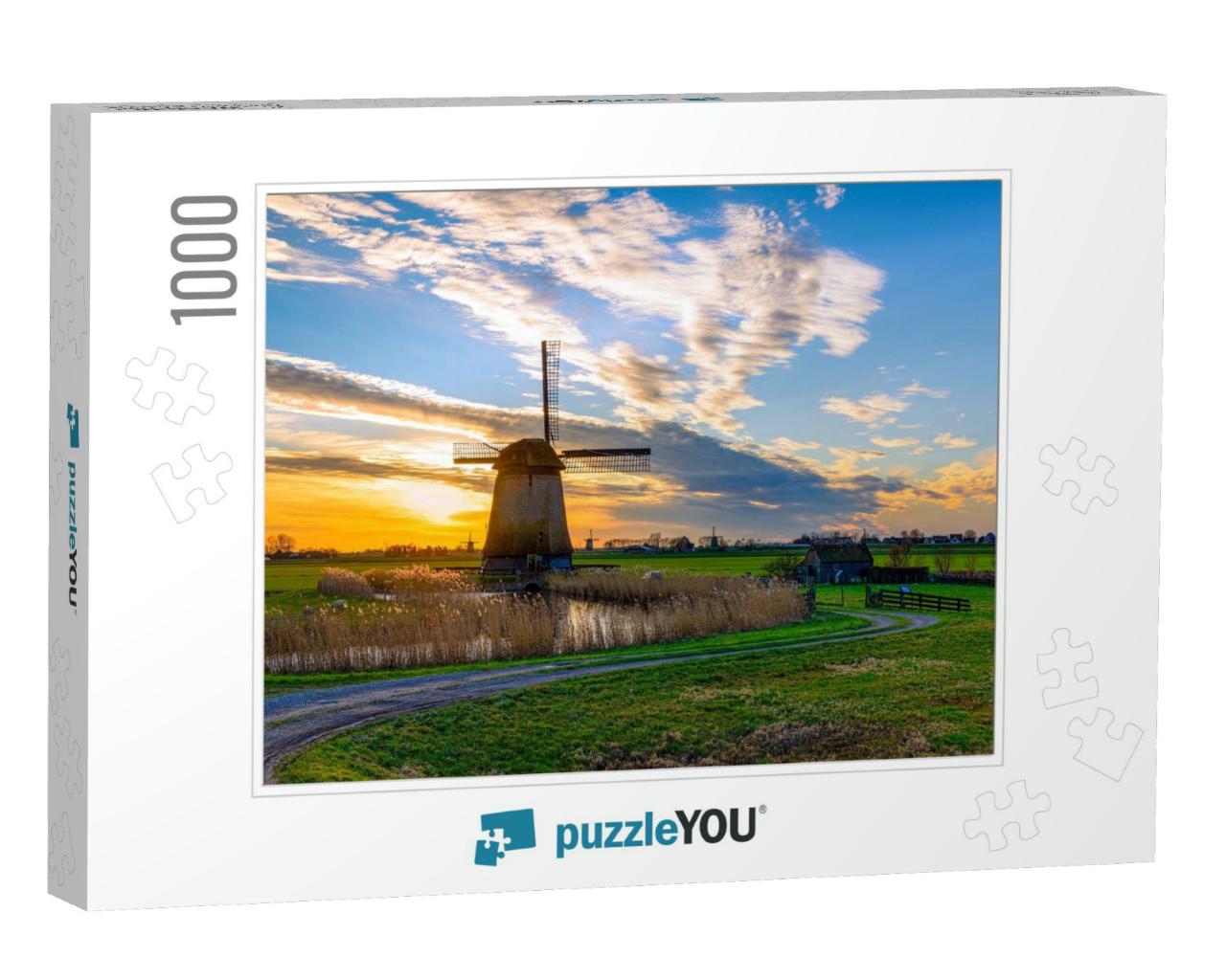 Sunset Windmill Farm in Holland. Windmill Farm Sunset Lan... Jigsaw Puzzle with 1000 pieces