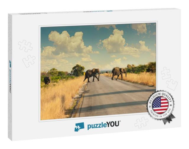 North Botswana Family of Elephants Crossing the Road, is... Jigsaw Puzzle