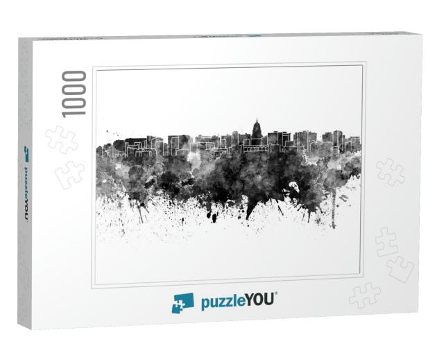 Madison Skyline in Black Watercolor on White Background... Jigsaw Puzzle with 1000 pieces