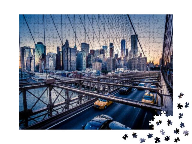 Cars Speeding At Sunset on Brooklyn Bridge, Manhattan. On... Jigsaw Puzzle with 1000 pieces