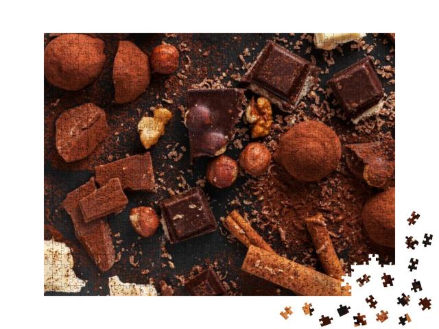 Variety of Sweet Homemade Chocolate Pralines on Wooden Ba... Jigsaw Puzzle with 1000 pieces