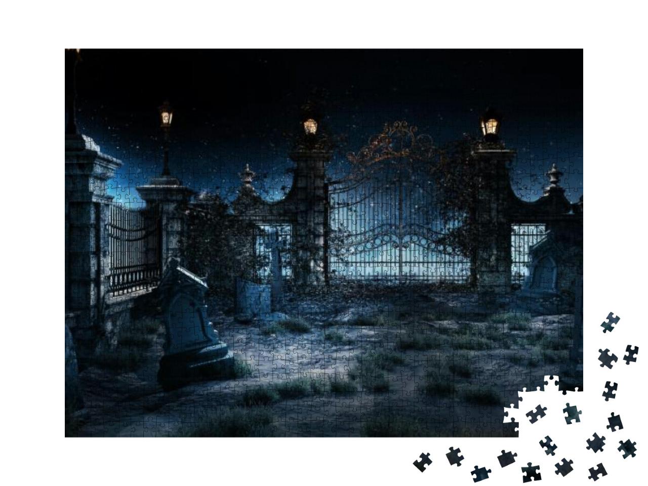 Old Gothic Cemetery with Iron Gate & Lantern... Jigsaw Puzzle with 1000 pieces