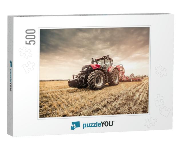 Modern Red Tractor Seeding Directly Into the Stubble with... Jigsaw Puzzle with 500 pieces