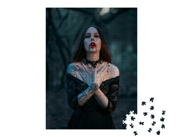 Vampire Woman with Sharp Fangs, Drops of Blood on Red Lip... Jigsaw Puzzle with 1000 pieces