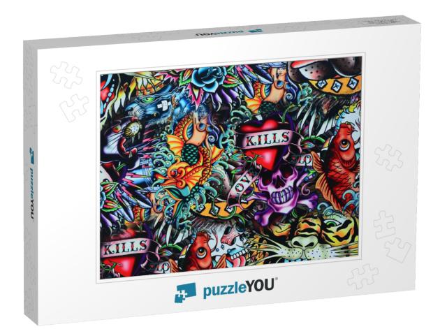 Grunge Wall Tattoo Style Skull Colorful... Jigsaw Puzzle