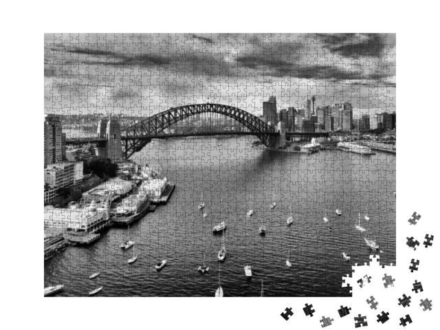 Black White Image of Sydney City Cbd Landmarks Across Har... Jigsaw Puzzle with 1000 pieces
