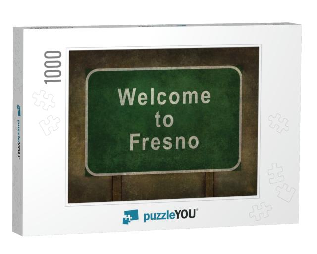 Welcome to Fresno, Road Sign Illustration with Distressed... Jigsaw Puzzle with 1000 pieces