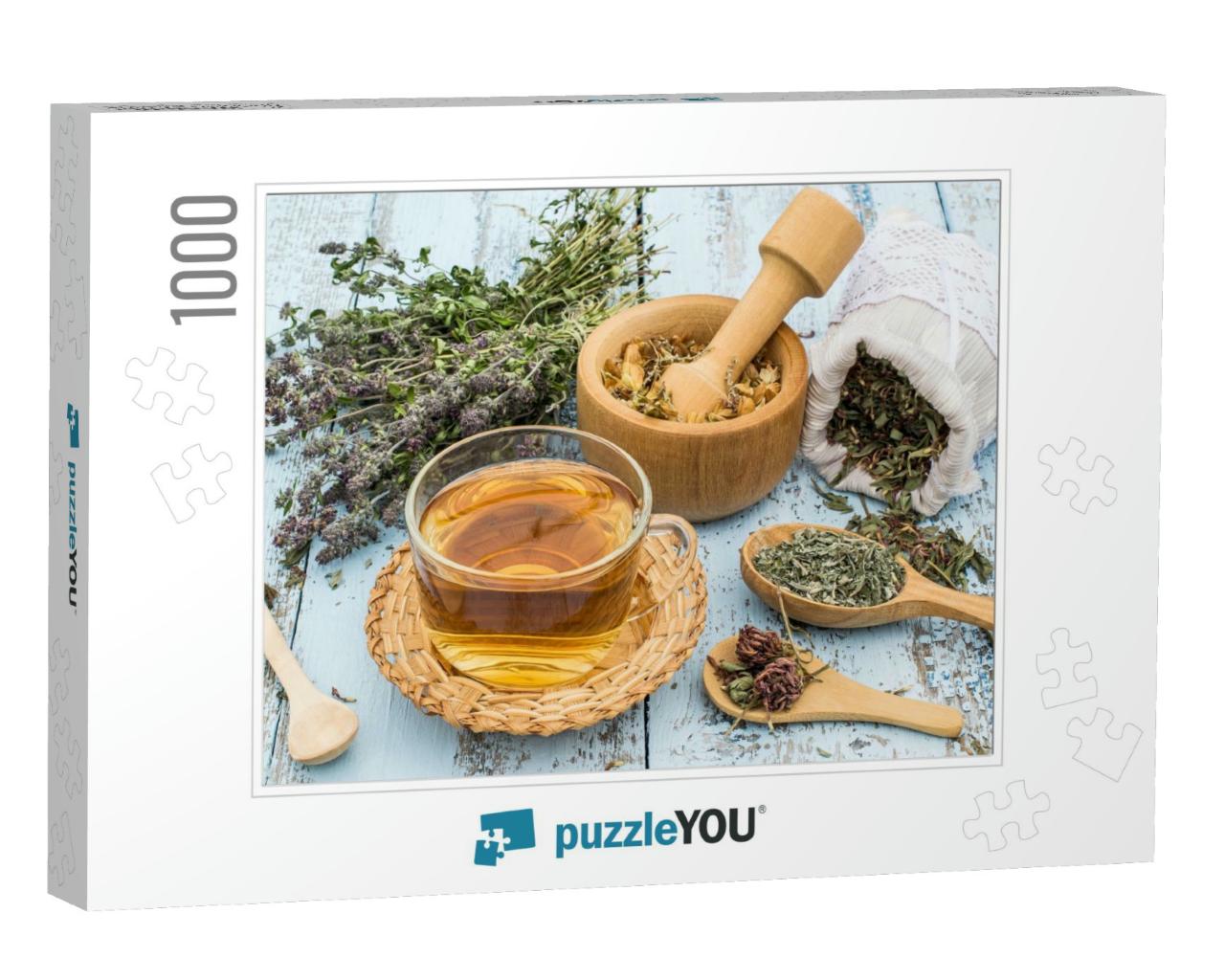 Various Dried Meadow Herbs & Herbal Tea on Light Old Wood... Jigsaw Puzzle with 1000 pieces