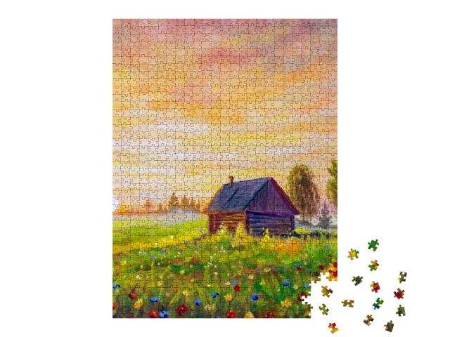 Original Oil Painting Old Rural Farmhouse in the Field on... Jigsaw Puzzle with 1000 pieces