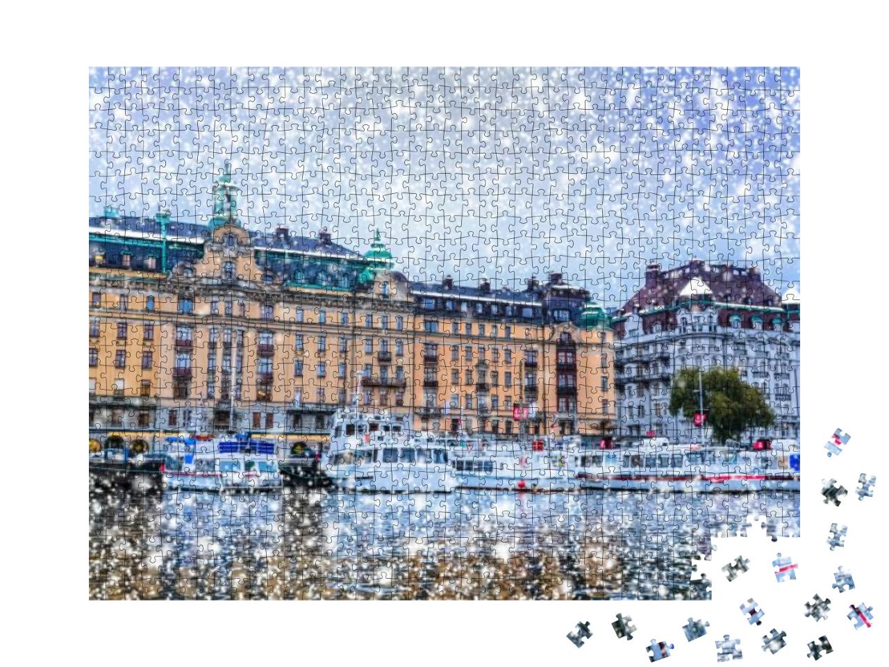 Snowfall in Stockholm Sweden with Buildings & Boats... Jigsaw Puzzle with 1000 pieces
