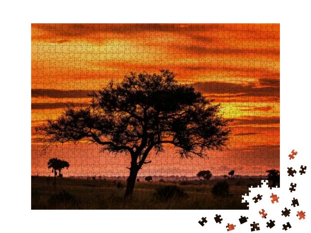Stunning Sky At Dawn & an Odd Tree in the Savannah. Sunse... Jigsaw Puzzle with 1000 pieces