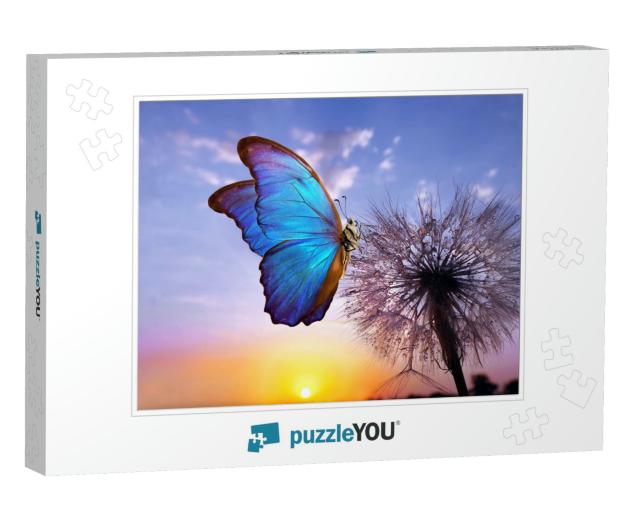 Natural Pastel Background. Morpho Butterfly & Dandelion... Jigsaw Puzzle