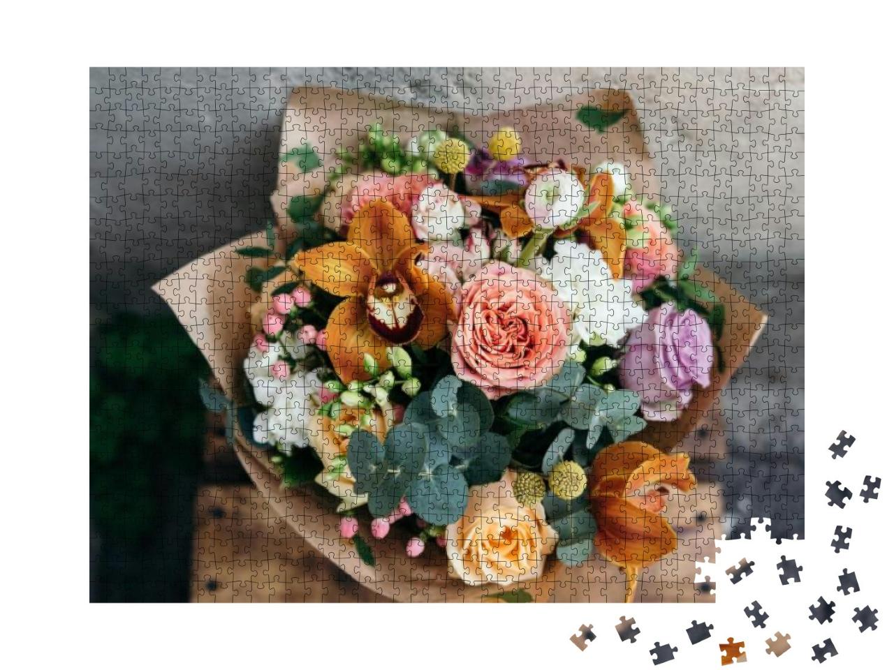 Colorful Bouquet of Different Fresh Flowers Against Brick... Jigsaw Puzzle with 1000 pieces
