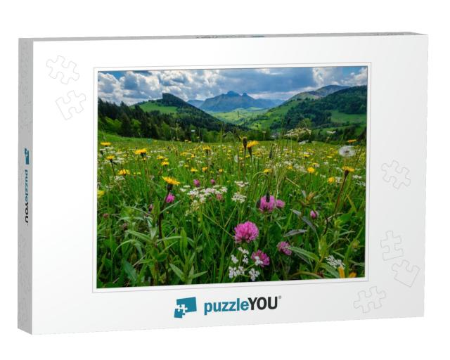 A Meadow Full of Beautiful Mountain Flowers in the Backgr... Jigsaw Puzzle