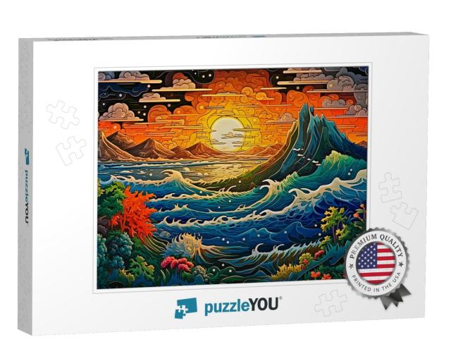 As the Sun Sets between the Mountains, the Choppy Sea Rages Jigsaw Puzzle