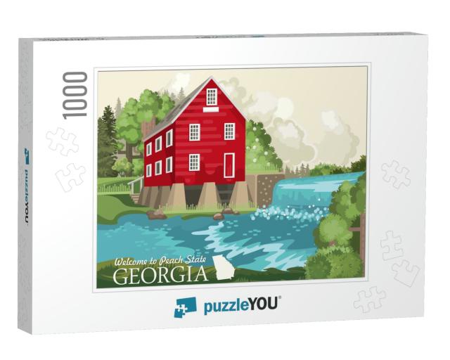 Georgia USA Postcard. Peach State Vector Poster. Travel Ba... Jigsaw Puzzle with 1000 pieces