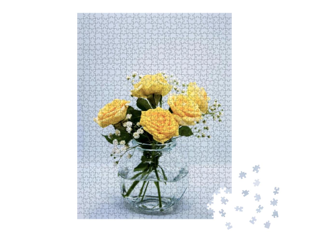 Peach Roses & White Gypsophila Flowers in a Vase on a Whi... Jigsaw Puzzle with 1000 pieces