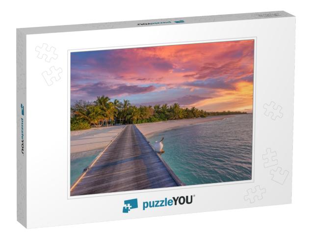 Sunset on Maldives Island Resort. Wooden Pier with Beauti... Jigsaw Puzzle