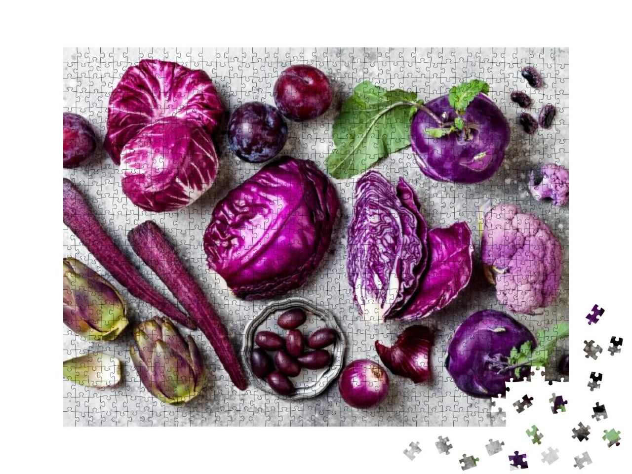 Raw Purple Vegetables Over Gray Concrete Background. Cabb... Jigsaw Puzzle with 1000 pieces