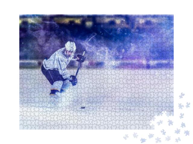 Ice Hockey Player in Action Kicking with Stick... Jigsaw Puzzle with 1000 pieces