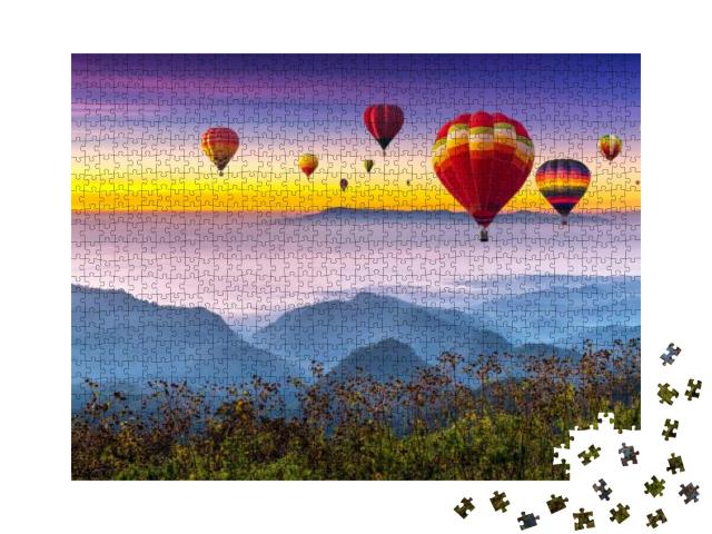 Colorful Hot Air Balloons Flying Above High Mountain At S... Jigsaw Puzzle with 1000 pieces