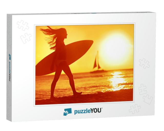 Surfing Surfer Woman Babe Beach Fun At Sunset. Girl Walki... Jigsaw Puzzle