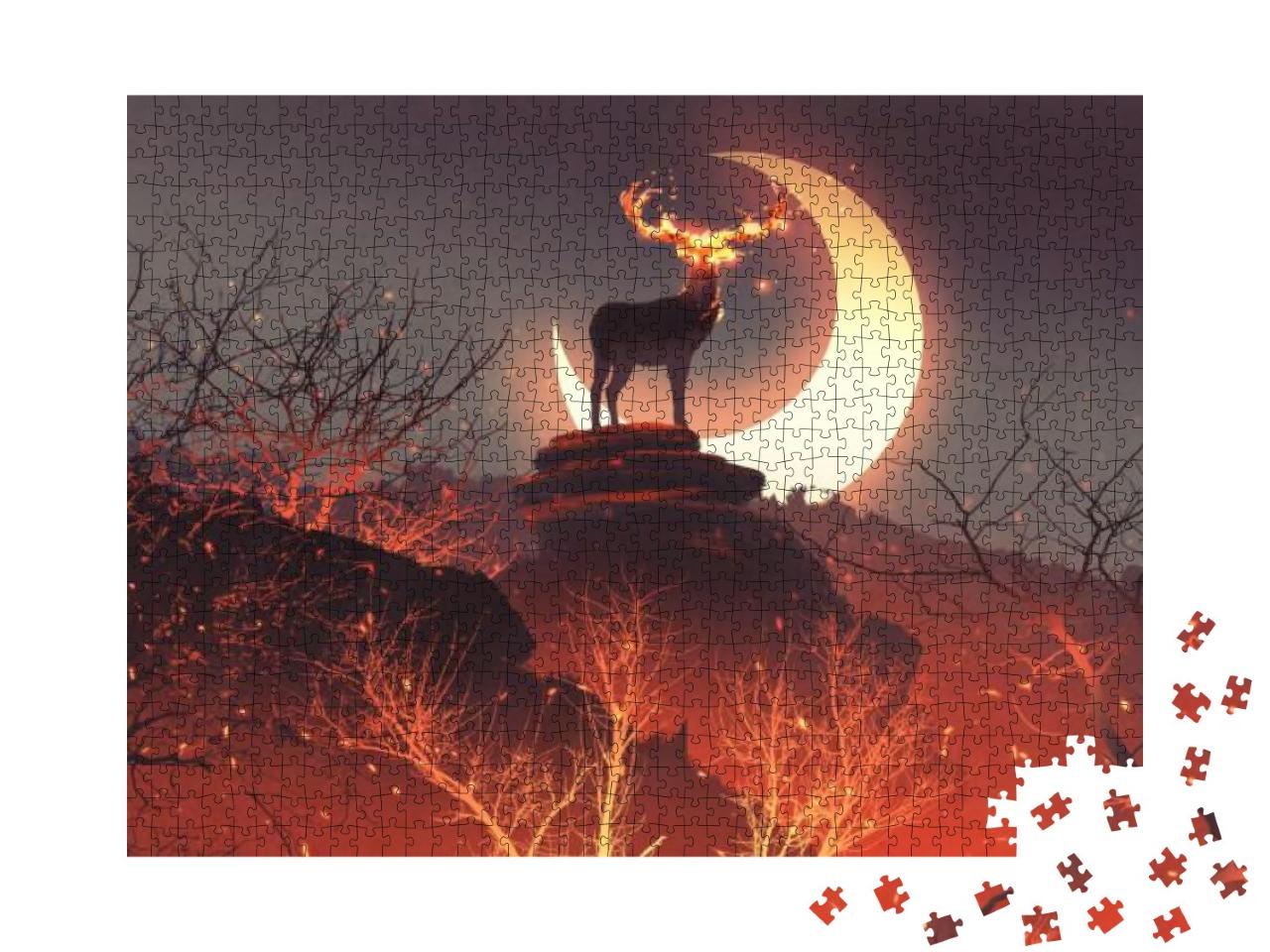 The Deer with Its Fire Horns Standing on Rocks in Forest... Jigsaw Puzzle with 1000 pieces