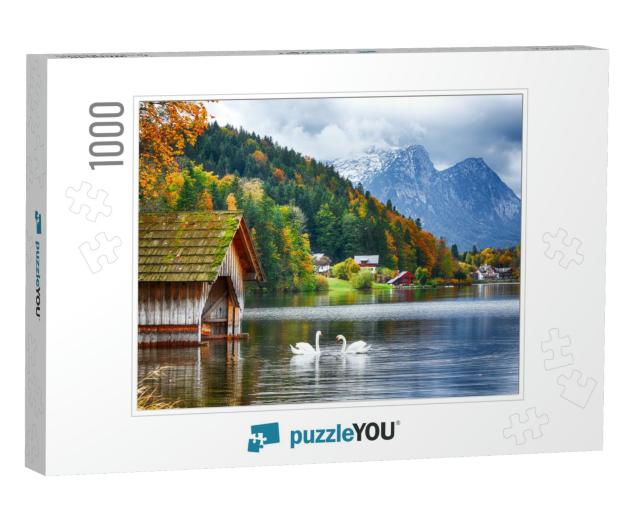 Two White Swans in Crystal Clear Water Grundlsee Lake. Be... Jigsaw Puzzle with 1000 pieces