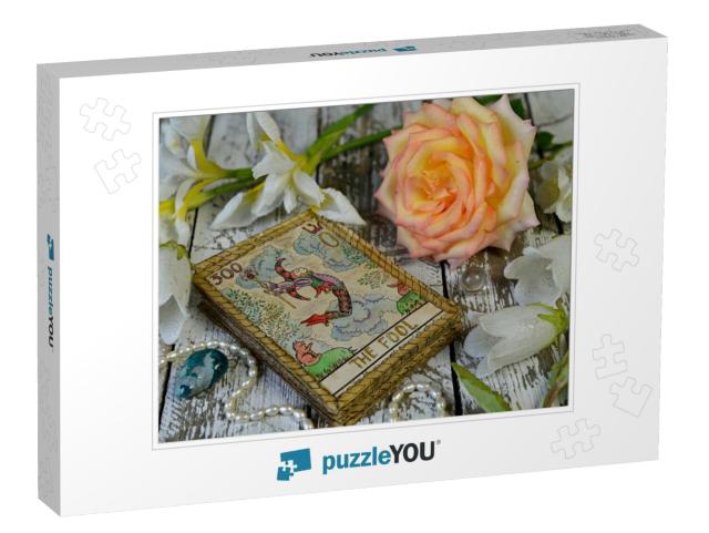 Tarot Cards & Flowers on Witch Wooden Altar... Jigsaw Puzzle