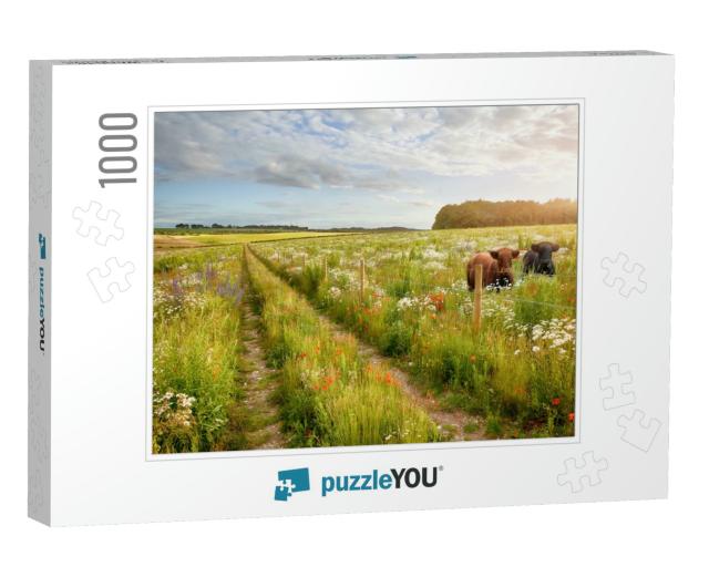 Wild Flower Meadow with Two Beautiful Cows & a Track & Ba... Jigsaw Puzzle with 1000 pieces