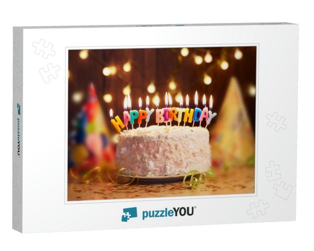 Birthday Cake with Candles, Bright Lights Bokeh... Jigsaw Puzzle