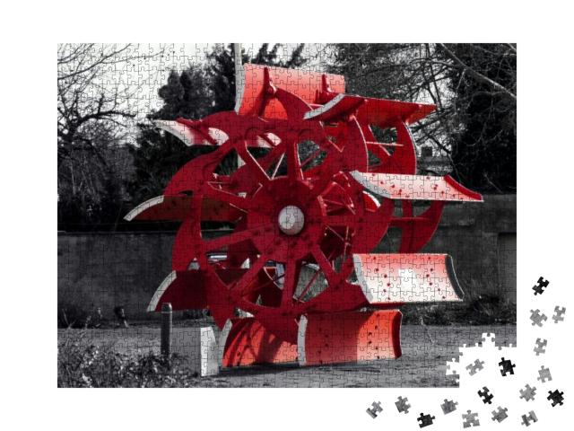 Water Wheel of a Paddle Steamer in Black White Red... Jigsaw Puzzle with 1000 pieces