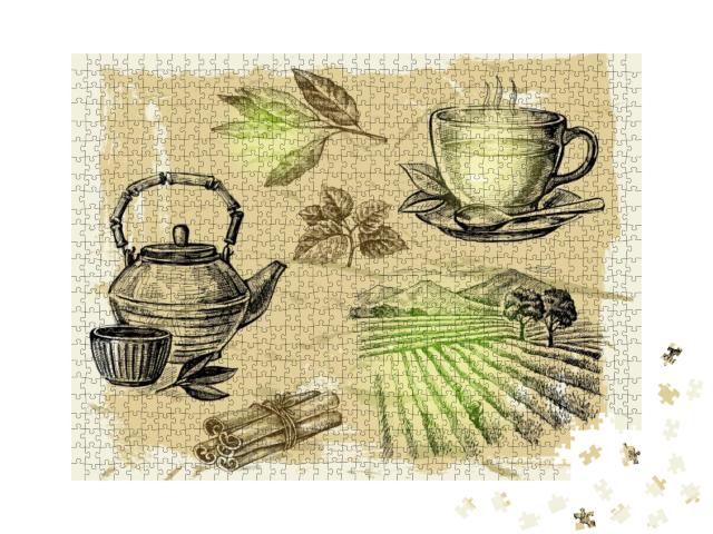Vector Hand Drawn Tea on Paint Background... Jigsaw Puzzle with 1000 pieces