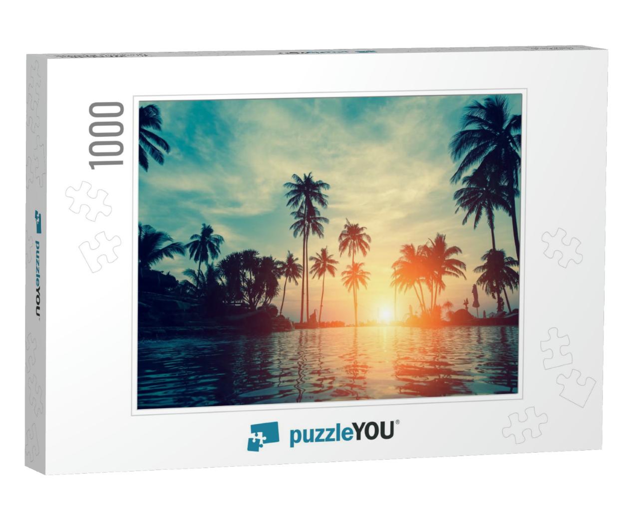Beautiful Tropical Beach with Palm Trees Silhouettes At D... Jigsaw Puzzle with 1000 pieces