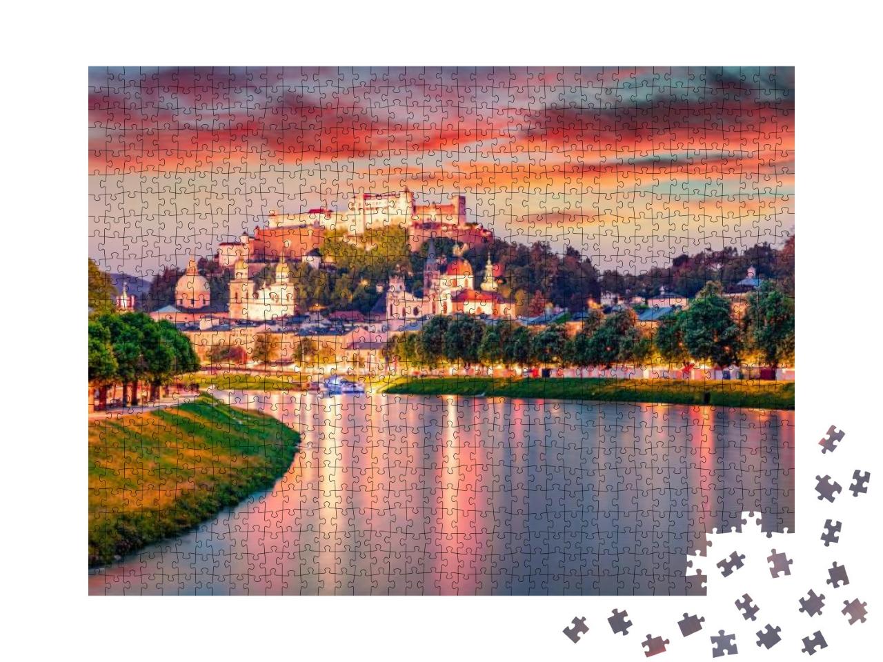 Superb Summer View of Old Town of Salzburg. Colorful Suns... Jigsaw Puzzle with 1000 pieces