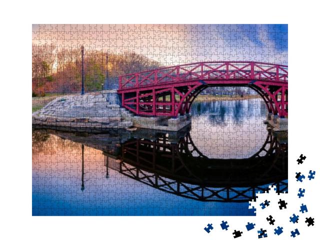 Arching Pink Wooden Bridge & Reflections Over the Pond At... Jigsaw Puzzle with 1000 pieces