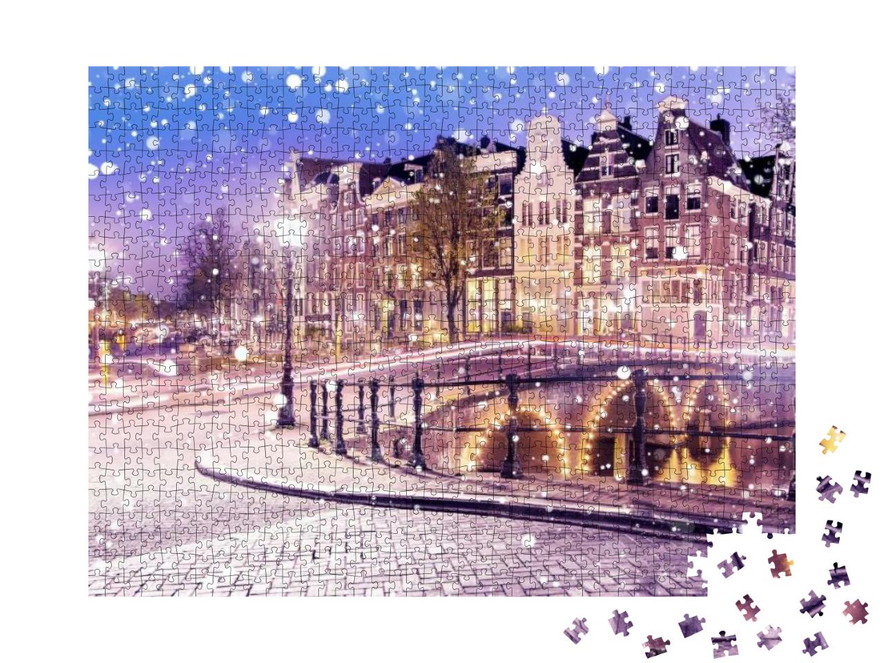 Traditional Dutch Old Houses & Bridges on the Canals in A... Jigsaw Puzzle with 1000 pieces