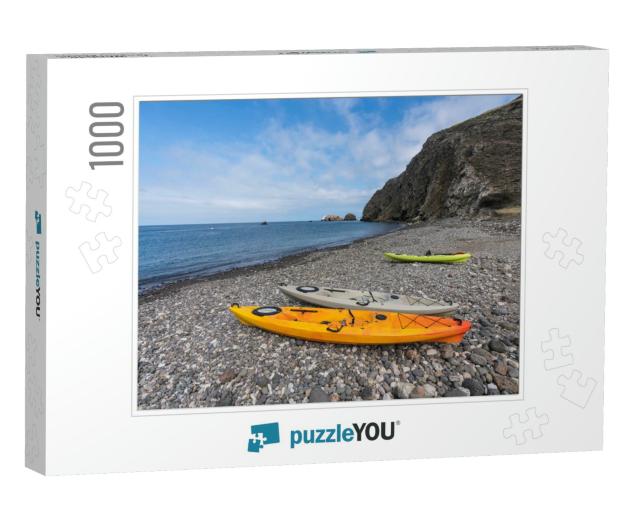 Stoney Beach Cove with Kayaks Near Scorpion Ranch on Sant... Jigsaw Puzzle with 1000 pieces