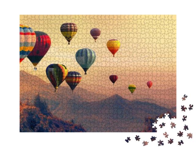Hot Air Balloon Above High Mountain At Sunset, Filtered B... Jigsaw Puzzle with 1000 pieces
