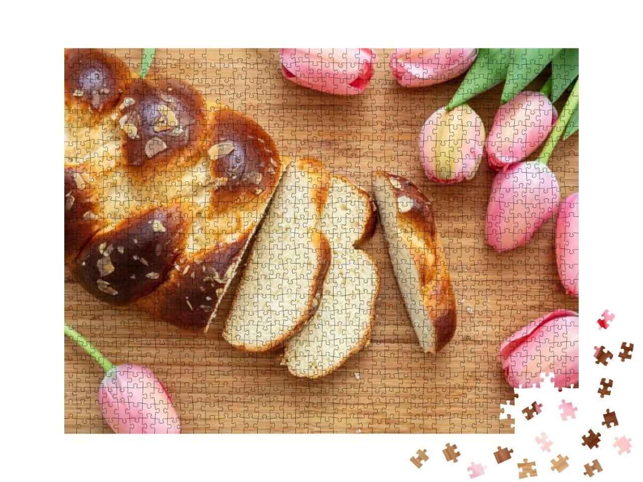 Easter Sweet Bread, Tsoureki Cozonac Sliced on Wood Table... Jigsaw Puzzle with 1000 pieces