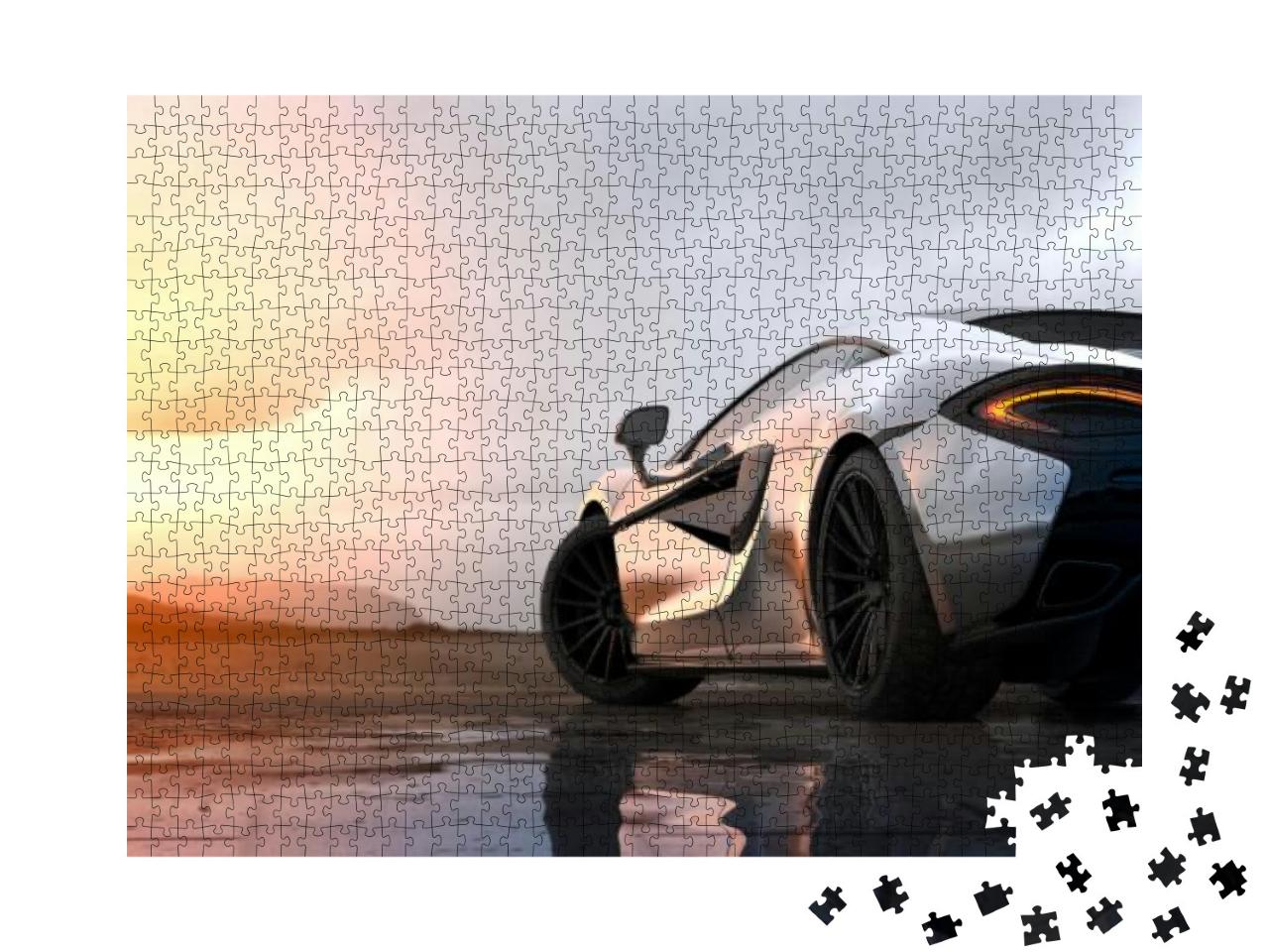Silver Luxury Sports Car Sunset Scene with Grunge Overlay... Jigsaw Puzzle with 1000 pieces