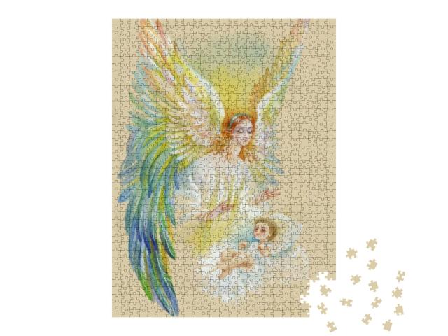 Beautiful Angel with Wings Flying Over Child, Watercolor... Jigsaw Puzzle with 1000 pieces