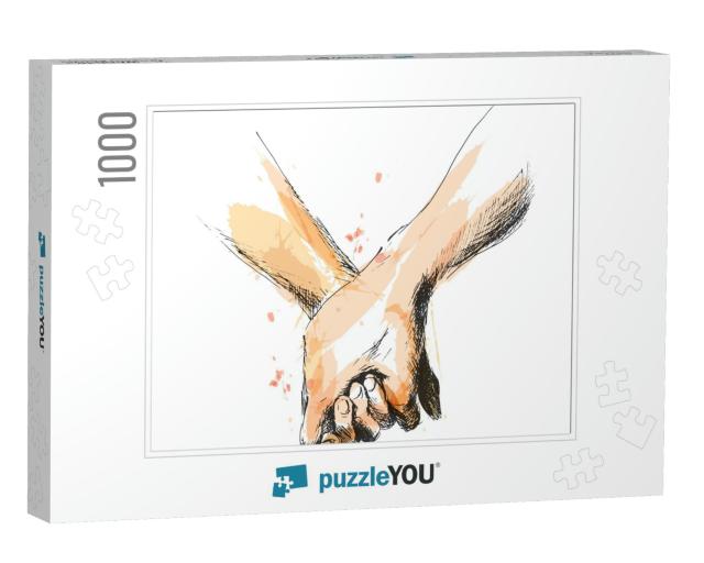 Colored Hand Sketch Holding Hands. Vector Illustration... Jigsaw Puzzle with 1000 pieces