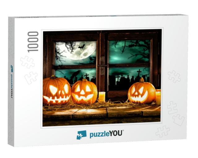 Scary Halloween Pumpkins on Wooden Planks, Placed in Fron... Jigsaw Puzzle with 1000 pieces