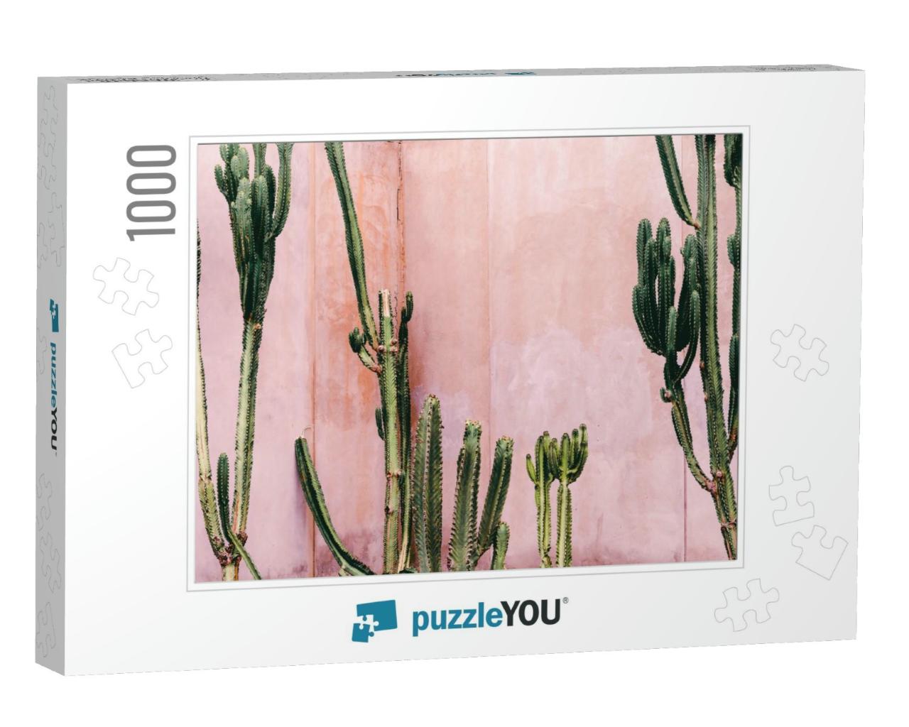 Plants on Pink Concept. Cactus on Pink Wall Background. M... Jigsaw Puzzle with 1000 pieces