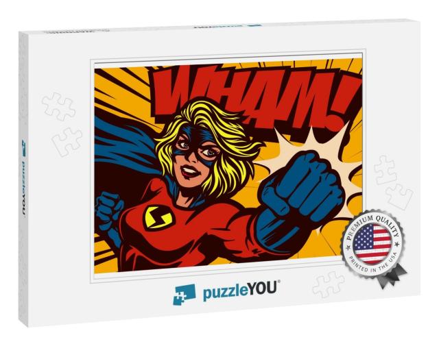 Pop Art Comic Book Style Super Heroine Punching with Fema... Jigsaw Puzzle